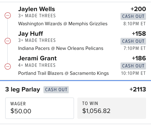 ColesAlgoPicks's tweet photo. 3-Leg Threes Parlay 💣
🎯 Jaylen Wells 3+ 3PM (+200)
🎯 Jay Huff 3+ 3PM (+158)
🎯 Jerami Grant 4+ 3PM (+186)
+2113 | $50 → $1,057
Let it fly 🏹🔥
#NBA #NBABets #NBAProps #Threes #Parlay #BettingTwitter #GamblingX https://t.co/jyCZzHxiJu