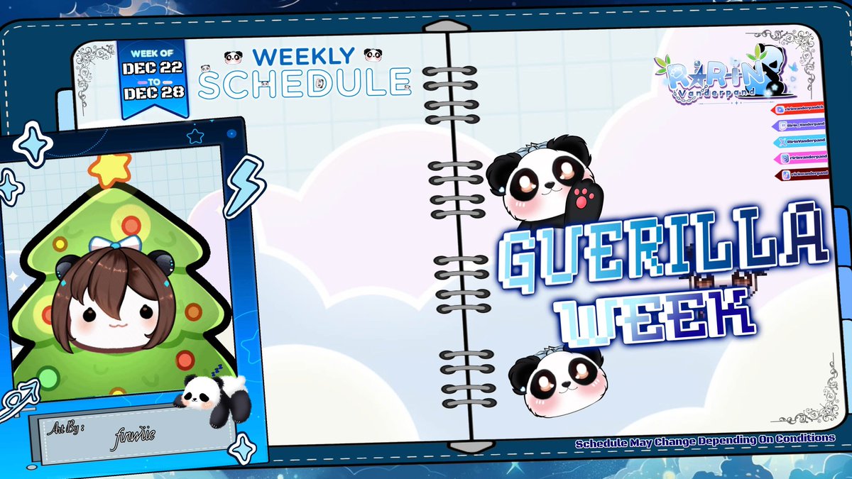 RirinVanderpand's tweet photo. WEEKLY SCHEDULE 🐼

22 - 28 DESEMBER 2025 ദ്ദിʕ,,•̀ ᴗ -,,ʔ✧♪

ART BY : finwiie

Schedule May Change Depending On Conditions

vtuberindonesia vtuberid vtuber weeklyschedule fanmily vanderpand vanderpandart ririnpand_live https://t.co/Fyqwusv8On