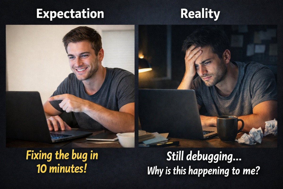 DevTemple_Dera's tweet image. Me on Friday: “I’ll fix this bug in 10 minutes.”

Me on Saturday: still debugging… questioning my career choices 😭💻

#DevLife #ProgrammingHumor #SaturdayVibes