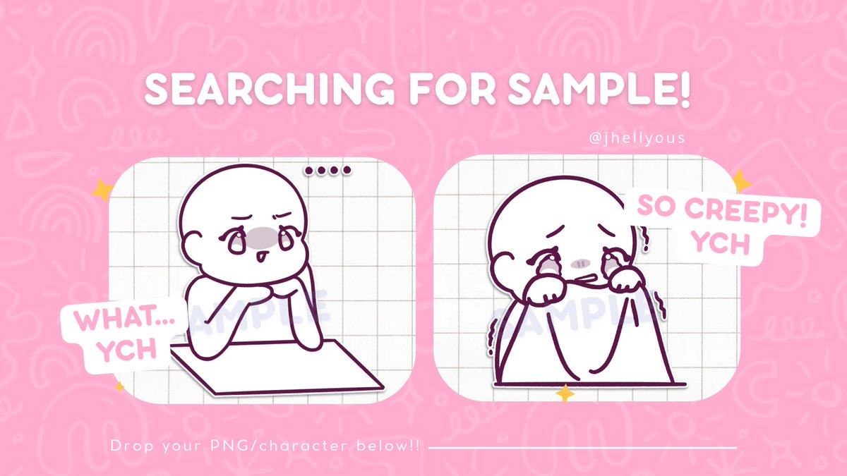 jhellyous's tweet image. [ 𝗦𝗘𝗔𝗥𝗖𝗛𝗜𝗡𝗚 𝗙𝗢𝗥 𝗦𝗔𝗠𝗣𝗟𝗘! 🍥 ] 
rt + 🩷 is appreciated~

I need 𝗬𝗢𝗨! to drop your png down below and get my new upcoming YCH for free (*´ω`*)🩷

Please keep an eye on my page or vgen.co/jhellyous as they will drop very soon~

#ych #artist #sample