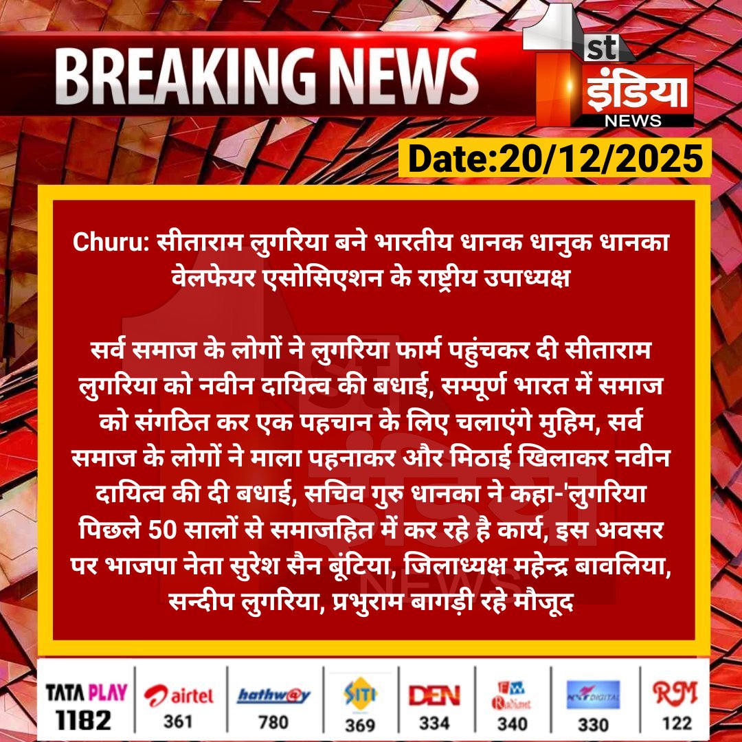 1stIndiaNews's tweet photo. #Churu: सीताराम लुगरिया बने भारतीय धानक धानुक धानका वेलफेयर एसोसिएशन के राष्ट्रीय उपाध्यक्ष

सर्व समाज के लोगों ने लुगरिया फार्म पहुंचकर दी सीताराम लुगरिया को नवीन दायित्व की बधाई, सम्पूर्ण भारत में समाज को...

#RajasthanWithFirstIndia #Churu @BJP4Rajasthan https://t.co/Tz4m3RDi6t