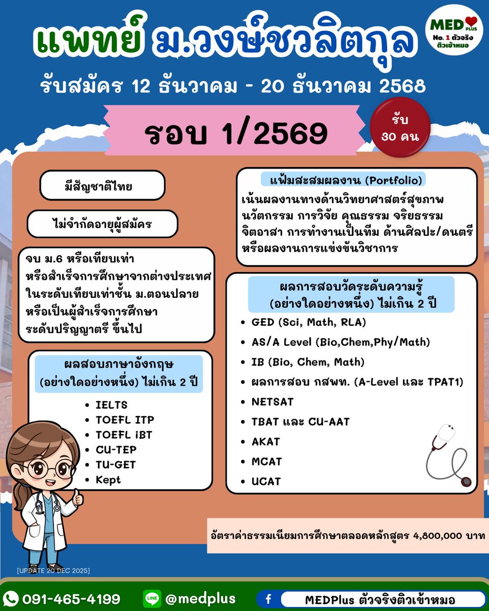 Medplustutor's tweet image. 📢 วันสุดท้ายแล้ว!  รอบ 1/2569 แพทย์ ม.วงษ์ชวลิตกุล โอกาสสานฝันการเป็นหมอมาถึงแล้ว! ใครเตรียมพอร์ตพร้อม คะแนนสอบพร้อม ลุยเลย!
ู
รีบเช็กเกณฑ์แล้วยื่นด่วนภายในวันที่ 20 ธ.ค. นี้เท่านั้น!

#แพทย์วงษ์ชวลิตกุล #Dek69 #รอบ1Portfolio #อยากเป็นหมอ #ทีมมวช #medplusตัวจริงติวเข้าหมอ