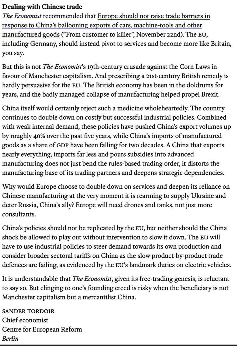 georgemagnus1's tweet image. Gr8 letter by @SanderTordoir pushing back against @TheEconomist view about EU should not resist Chinese mercantilism. This also in line with the mag’s view that China’s  monster surplus is not a threat to world as much as to itself. When it’s both in spades. How out of touch can…