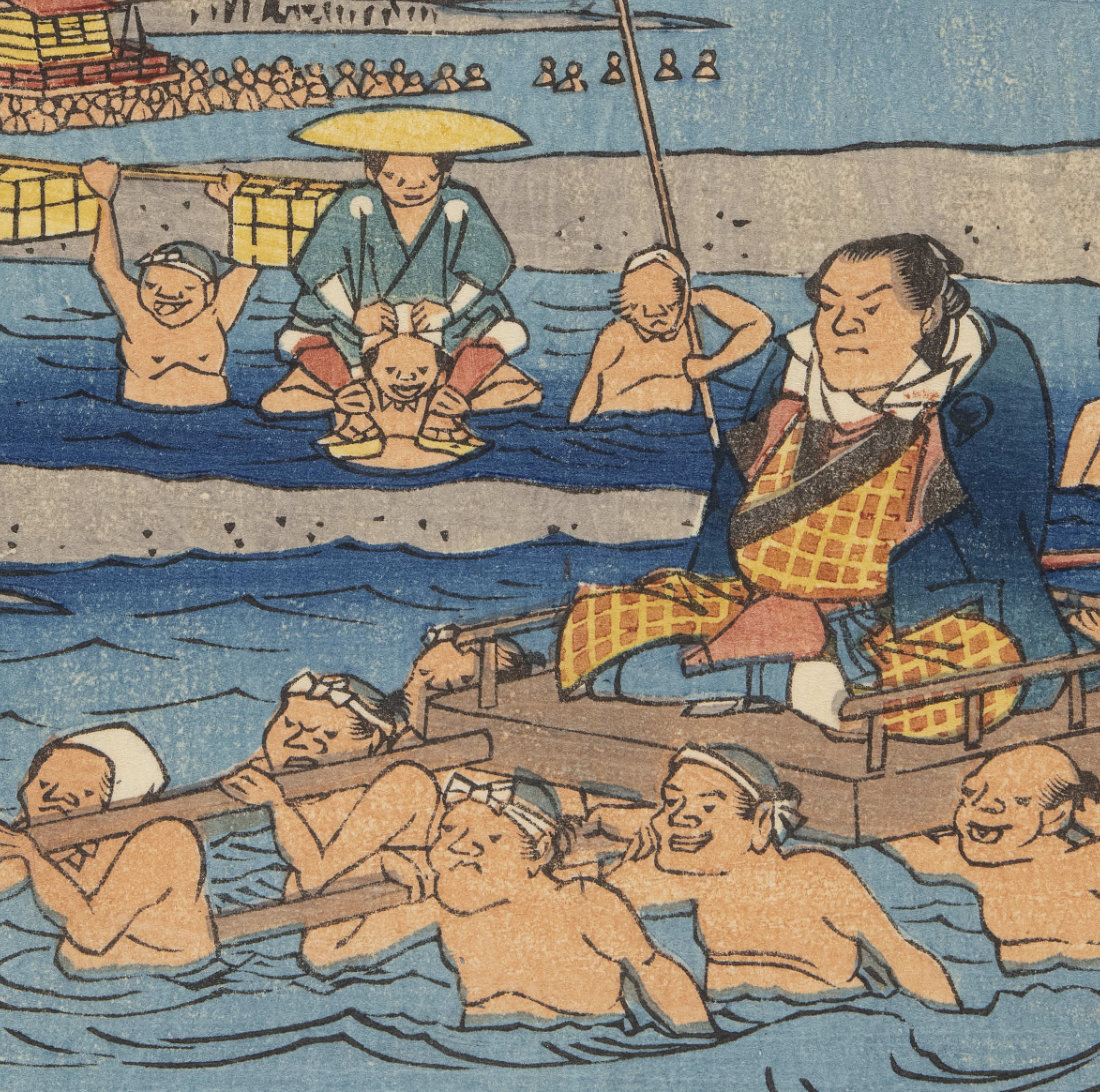 ここは大井川。人足たちが力士などを乗せて威勢よく川越しを行ってい