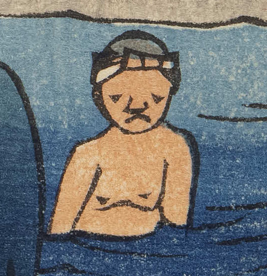 ここは大井川。人足たちが力士などを乗せて威勢よく川越しを行ってい