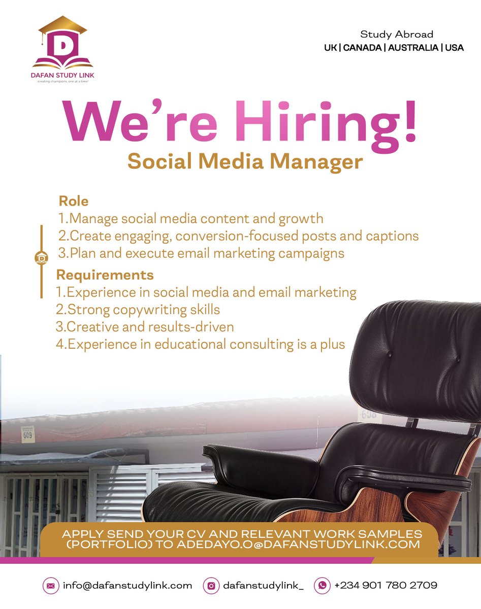 Dafanstudylink_'s tweet photo. We are expanding our team and we need a social media manager to tag along the journey 

Applicant should stay around Ajah, Lekki, Lagos ✅

This is an hybrid role ✅

Send Cv and portfolio to Adedayo.o@dafanstudylink.com

#NowHiring https://t.co/eWDZA13quF
