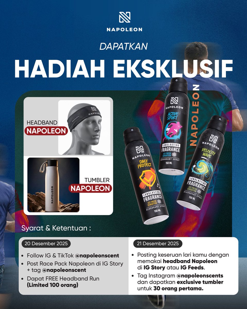 Napoleonformen's tweet photo. HADIAH EKSKLUSIF UNTUK PESERTA RACE ANNIVERSARUN KUNINGAN CITY!

Jangan lupa kunjungi booth Napoleon pada tanggal 20 dan 21 Desember untuk mendapatkan Exclusive Gift ya Broo!

Jangan sampe kelewatan karena SLOT TERBATAS!

#running #napoleonformen #fresheverymove https://t.co/pfdsjUAWWJ