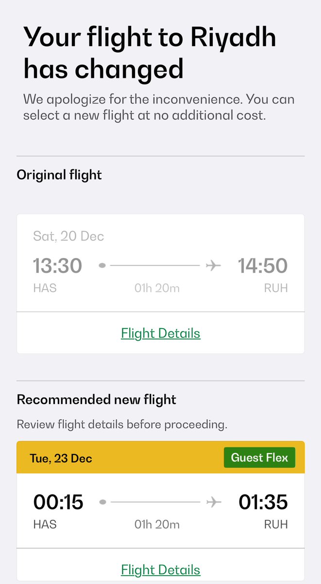 أبشركم قررت #الخطوط_السعودية تأجل رحلتي ثلاث أيام 🙂✈️ 
- بتكلم عن الاسعار بوقت ثاني، رحلتي هذه تحديداً ب ١٣٠٠ ريال وجهة واحده فقط 🤣 والله تعبنا وسئمنا منكم مدري الى متى اشياء كثيرررره؟؟؟
<a href="/SaudiaGroup/">Saudia Group | مجموعة السعودية</a> 
<a href="/KKIASA/">مطار الملك خالد الدولي</a> 
<a href="/ksagaca/">هيئة الطيران المدني</a> 
<a href="/riyadhairports/">مطارات الرياض</a>