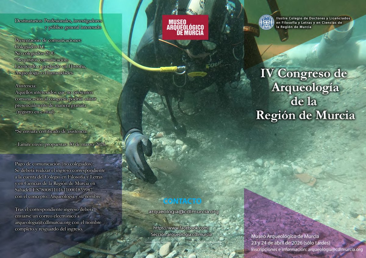 Para finales del mes de abril del 2026, en el Museo Arqueológico de Murcia, tendrá lugar el IV Congreso de Arqueología de la Región de Murcia. Abierto plazos, más información: l1nq.com/4PkEl.