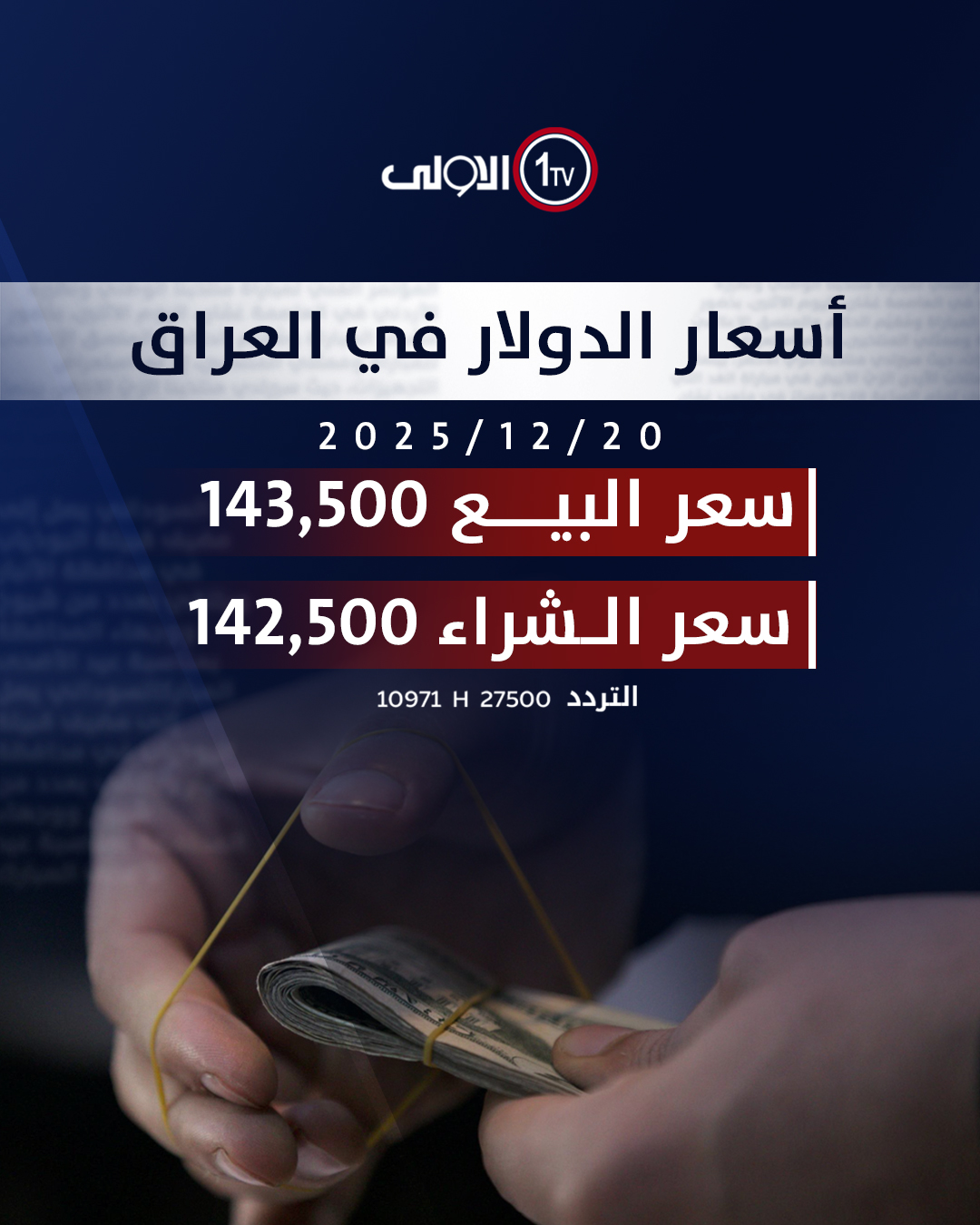 اسعار الدولار مقابل الدينار العراقي. سعر البيع: 143,500 لكل 100 دولار. سعر الشراء: 142,500 لكل 100 دولار قناه الاولى العراقية تابعونا عبر التردد التالي | نايل سات 10971-أفقي 