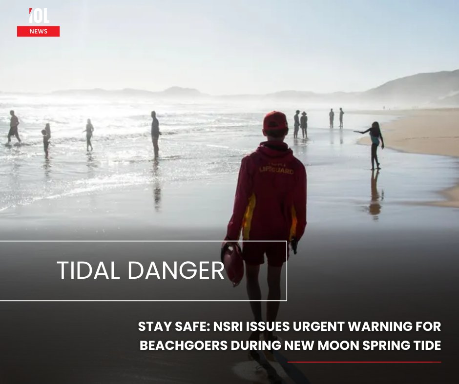 IOL's tweet photo. As the new moon spring tide peaks, the NSRI urges caution along South Africa’s coasts following recent drownings.
#NSRI #SpringTide #BeachSafety #DrowningRisk #NewMoonTide
Read on https://t.co/zb3YbiLXEY https://t.co/fTqR1gLAL7