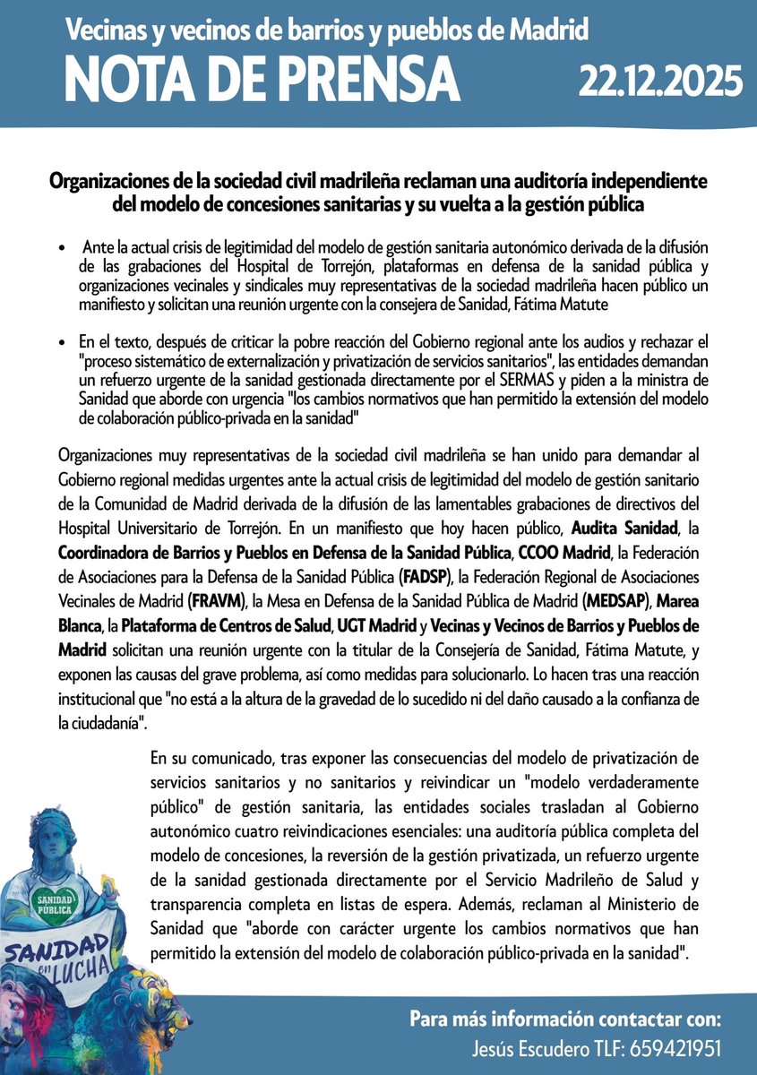 VecinasSanidad's tweet photo. Si tanto presumen de @SaludMadrid a ver si Fátima Matute tiene la decencia de escuchar a su ciudadanía. No nos cuadran muchas cosas y merecemos explicaciones.
#LaPrivatizacionMata #SanidadPública #NoVamosaParar https://t.co/TOMjmcmQEv