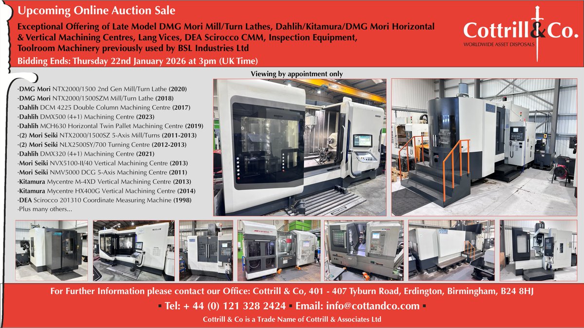 📆 Online #Auction Sale - 22 Jan 2026 - Late Model DMG Mori Mill/Turn Lathes, Dahlih/Kitamura/DMG Mori Horizontal &amp; Vertical Machining Centres and much more #cnc #EngineeringUK #engineering #ukmfg #usedmachines #manufacturinguk #manufacturing

Link: cottandco.com/en/lots/auctio…