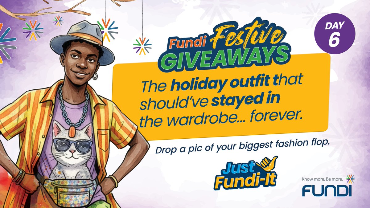 Day 6 and we want to see 👀 — the holiday outfit that should’ve stayed in the wardrobe… forever 👗🙈
Drop a pic of your biggest fashion flop 📸😂, use #FundiFestive, and you could win R150 cash 💸✨
Ts &amp; Cs apply.
#FundiFestive
#FundiFestiveGiveaways