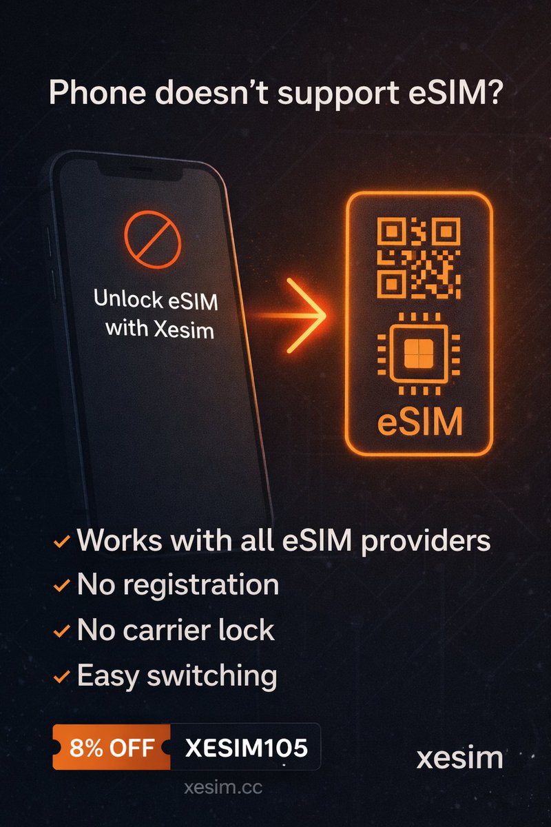 xesimcc's tweet photo. Your phone doesn’t support eSIM yet?
You don’t need a new phone.
Xesim unlocks eSIM on almost any device:
✔ Works with all eSIM providers
✔ No registration
✔ No carrier lock
✔ Easy switching
💥 8% OFF for X users
🎟 Code: XESIM105
🔗 https://t.co/Z5yM1ljwWO
#Xesim #Connectivity #Mobile