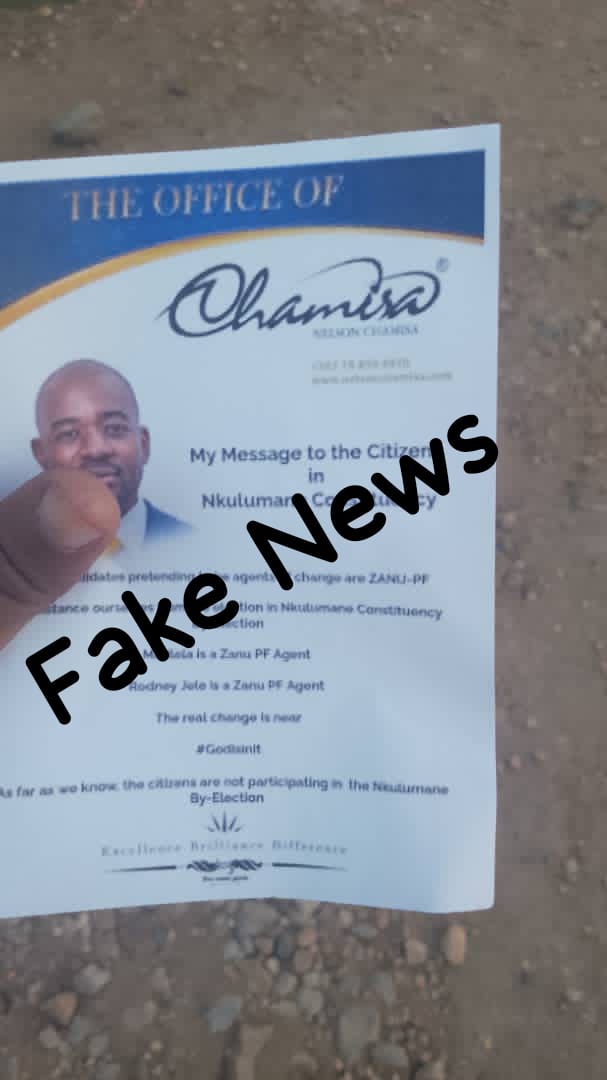 ChangeRadioZW's tweet photo. *_Fake Flyers Distributed in Nkulumane_*

NKULUMANE is advised to disregard the message on a flier with President Nelson Chamisa's face. The malicious disinformation comes from opponents of Alderman Rodney Donovan Jele who want either a ZANUPF or Sengezo Tshabangu CCC candidate to win the by-election 
#Vote4RodneyJele

 🔁 `Follow and share change Radio WhatsApp Channel in every group!` https://t.co/lGiNA3mbR2