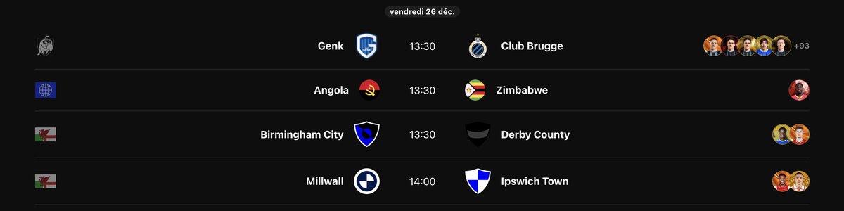 Pourquoi décaler la GW39 à 13h30 au lieu de 16h ? <a href="/Sorare/">Sorare</a> 

Très honnêtement, tout devient plus logique en avançant la deadline à 13h30 👇

𝗖𝗔𝗡 – 𝗝𝗼𝘂𝗿𝗻𝗲́𝗲 𝟮
La 2ᵉ journée de la CAN démarre vendredi à 13h30.
👉 Cela permettrait d’intégrer Angola – Zimbabwe (J2) dans la
