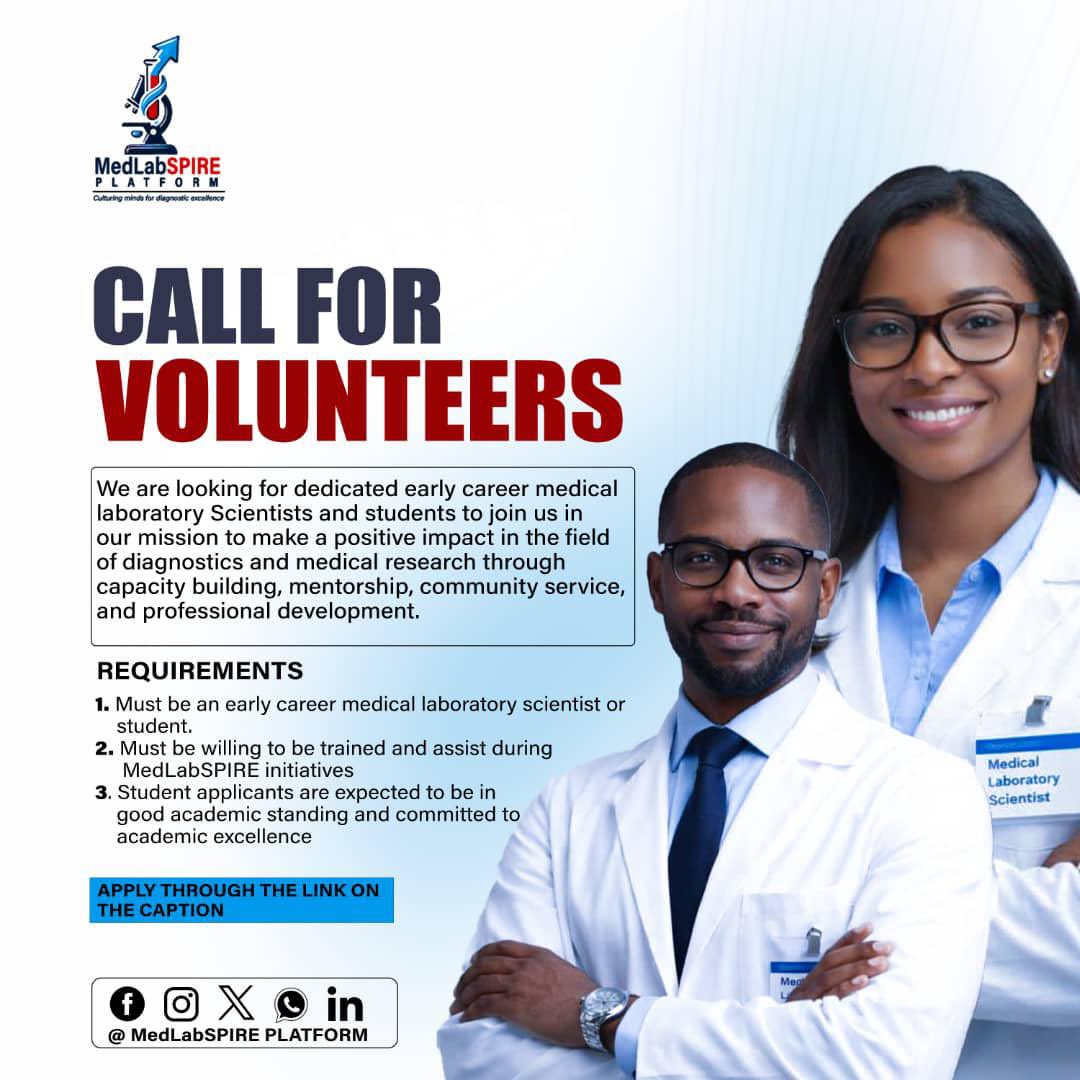 medlabspire's tweet photo. CALL FOR VOLUNTEER🔔 📣📣📣📣

Are you passionate about medical laboratory science and driven by the desire to make a difference?
We are calling on dedicated students and MLS to Volunteer
Apply  through the link 🔗https://t.co/I74kUic8uA

#salone 
#salonex https://t.co/aD3FrBViEd
