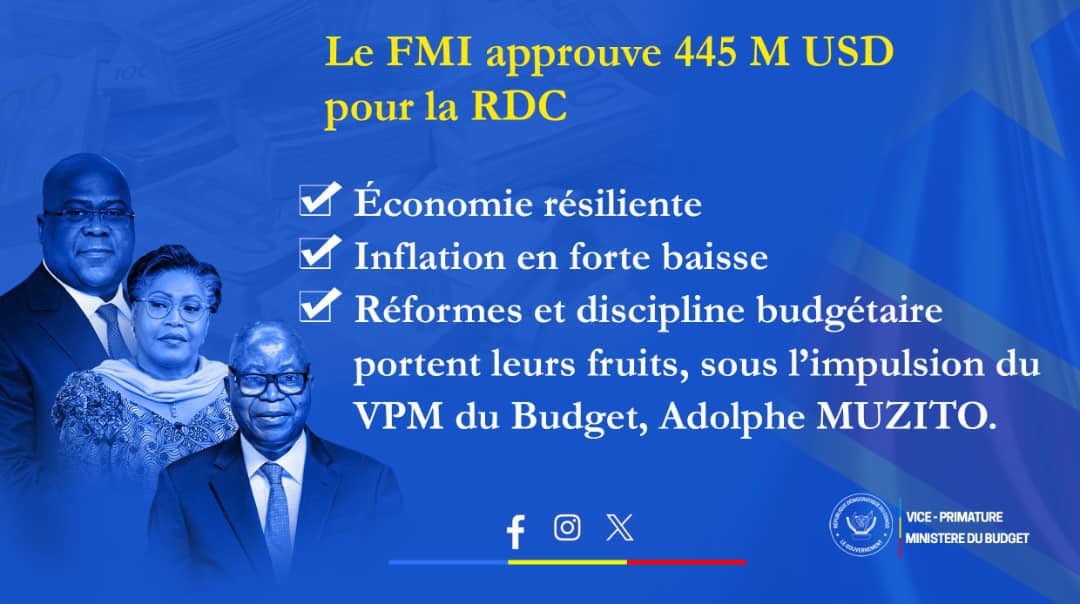 RDC – FMI : Approbation d’un décaissement de 445 millions USD en appui à l’économie nationale : 

Le Fonds monétaire international (FMI) a validé un décaissement immédiat de 445 millions de dollars américains en faveur de la République démocratique du Congo, dans le cadre de son