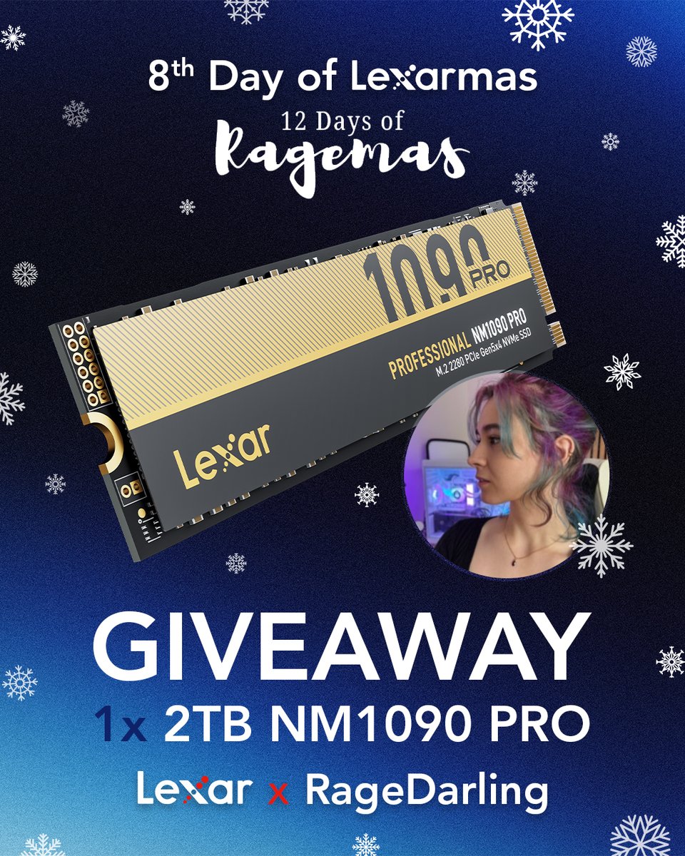 Lexar_Gaming's tweet image. And on the 8th Day of Lexarmas, Lexar gave to me... 🎶

One lucky winner will receive 1 x 2TB Lexar® Professional NM1090 PRO PCIe 5.0 NVMe M.2 2280 SSD

➕ Follow @Lexar_Gaming and @RageDarling
➡️ Enter via sweepwidget.com/c/95761-bpnso6…

Ends 31st Dec