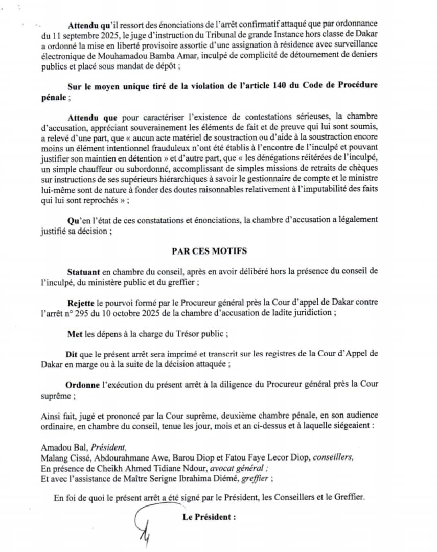 Dans un arrêt rendu hier, la Cour suprême du Sénégal ordonne la mise en liberté provisoire de Mouhamadou B. Amar, collaborateur et ami de l'ancien ministre Moustapha Diop. La deuxième chambre pénale de la Cour suprême confirme l'arrêt n°295, rendu par la Chambre d'accusation. Le