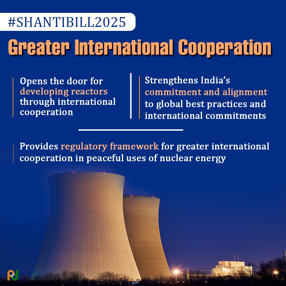 MEAIndia's tweet photo. Sustainable Harnessing and Advancement of Nuclear Energy for Transforming India (SHANTI) Bill, 2025 marks a transformational step in India’s energy and technology landscape. 

Built on the principles of nuclear safety, sustainability and innovation, it strengthens India’s clean-energy transition—powering AI, green manufacturing and energy sovereignty, while unlocking new opportunities for industry, startups and youth.