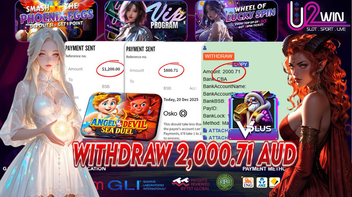 U2WINCOMPANY's tweet photo. 🎰🎰🎰 ： 300.00 AUD 
🎰🎰🎰   :  2,000.71 AUD
🎰🎰🎰   :  🔤🔤 🔤🔤🔤
🎰🎰🎰   :  ANGEL VS DEVIL SEA DUEL
📌 FACEBOOK SHARE BONUS 
📌 TELEGRAM SHARE BONUS  
📌 BIRTHDAY BONUS 
📌WEEKLY COMMISSION BONUS 
🪩 https://t.co/C9D1cEH6hx
📱  https://t.co/sLbtb4r4A4 https://t.co/RilSWj6B3j