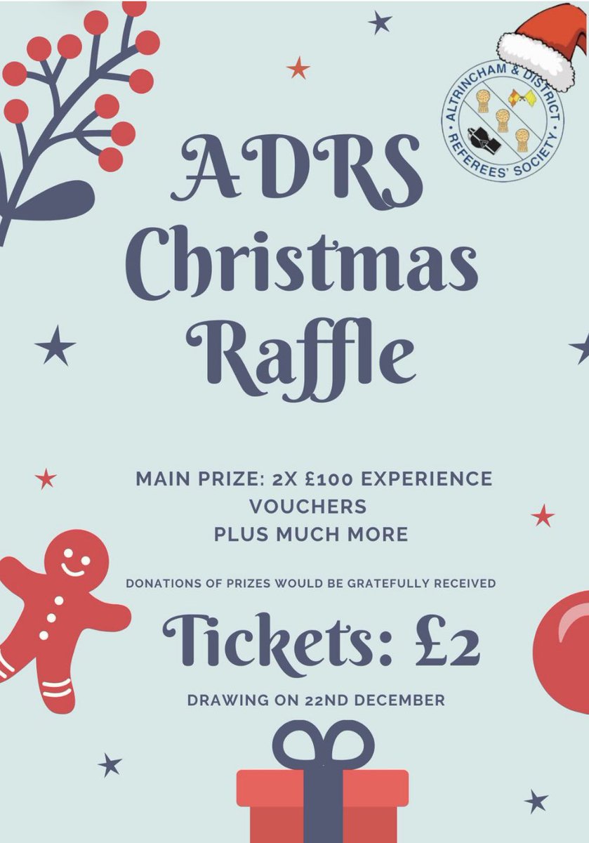 Annual Christmas Raffle is taking place on Monday 22nd December! 

Prizes include 2x  a £100 Experience Voucher, plus many other prizes to be won, including some kindly donated by <a href="/TheRefStop/">The Ref Stop</a> 

Tickets are just £2 per entry into the raffle.

checkout.square.site/merchant/MLMH6…