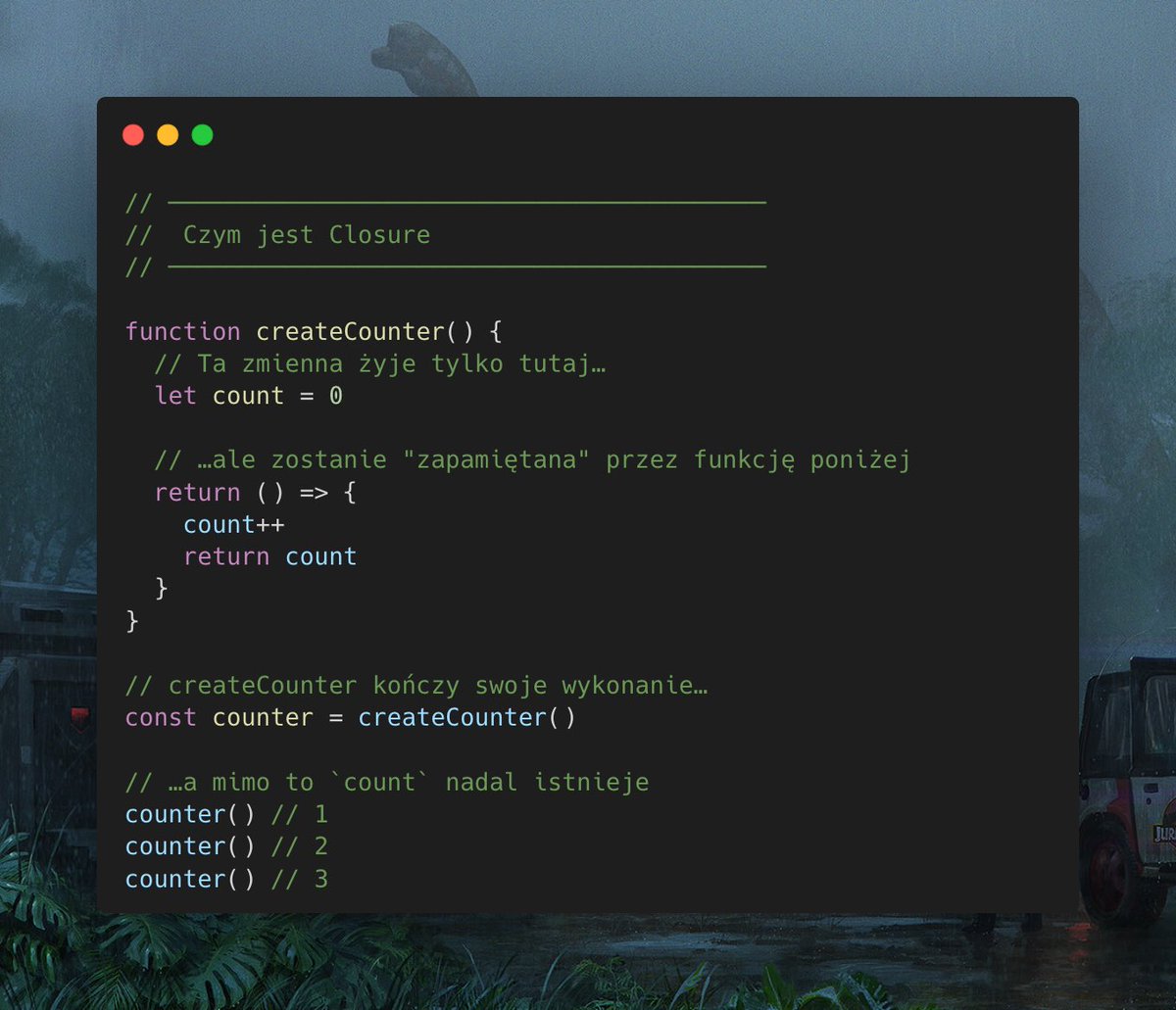 Hejciaaaaaaa 👋 Witam w trzecim dniu codemasu! To taki vlogmas ale o programowaniu 🙈

Dziś szybkie, ale bardzo ważne pojęcie: closure.

Closure to pattern, w którym funkcja pamięta zmienne ze swojego zakresu,
nawet wtedy, gdy ten zakres już dawno się skończył.

Jeśli chcesz,