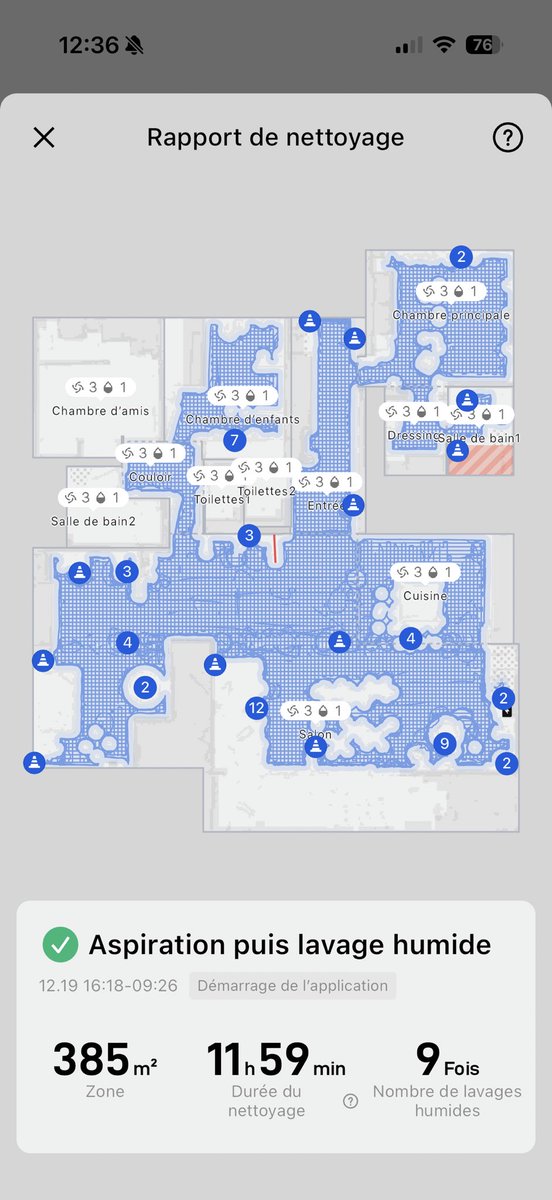 Un cycle de 12h d’aspiration et de lavage.
La maison va être nickel