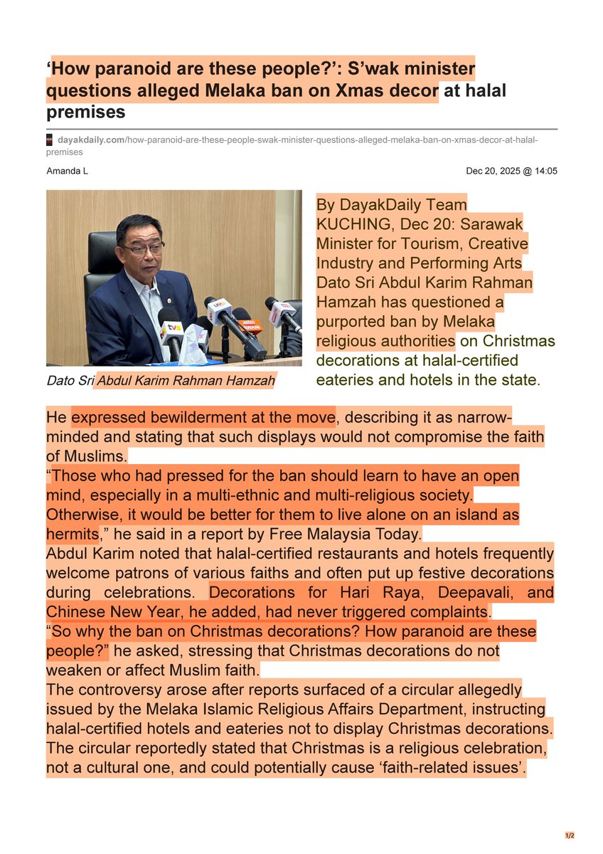 jameschin110's tweet image. Only a #Sarawak minister can utter these words. A lot of Malaysians will agree with him, Muslims and non-Muslims. 👏👏👏👏
#paranoid #politicalIslam #Malaysia #Christmas #decorations #halal