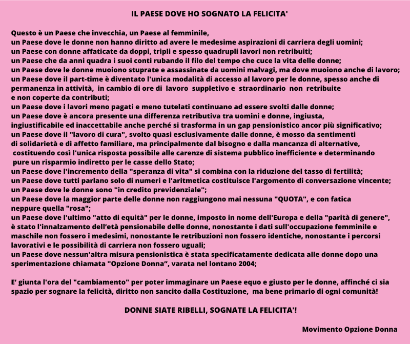 <a href="/ellyesse/">Elly Schlein</a>  <a href="/GiuseppeConteIT/">Giuseppe Conte</a>  <a href="/matteorenzi/">Matteo Renzi</a> @NFratoiann <a href="/AngeloBonelli1/">Angelo Bonelli</a>  <a href="/CarloCalenda/">Carlo Calenda</a> @mceguerra <a href="/SusannaCamusso/">Susanna Camusso</a> <a href="/serracchiani/">Debora Serracchiani</a> <a href="/marcofurfaro/">Marco Furfaro</a> <a href="/BettaPiccolotti/">ElisabettaPiccolotti</a> <a href="/c_appendino/">Chiara Appendino</a>  <a href="/FraSilvestriM5S/">Francesco Silvestri</a> <a href="/SPatuanelli/">Stefano Patuanelli</a> <a href="/SportielloGilda/">Gilda Sportiello</a> <a href="/meb/">Maria Elena Boschi</a>.  
Vogliamo un Paese equo e giusto per le donne