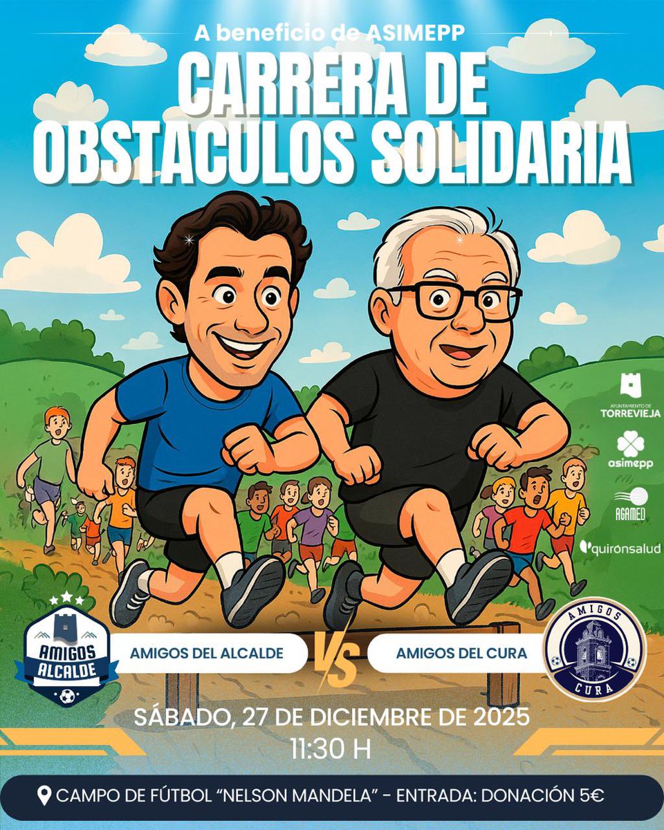 EduardoDolon's tweet image. ¡Carrera de obstáculos solidaria a beneficio de ASIMEPP!
Amigos del Cura vs. Amigos del Alcalde 🏃🏻🏃🏻‍♀️

📅 Sábado, 27 de diciembre 2025
🕰️ 11:30 horas
📍 Campo de fútbol “Nelson Mandela”
🎟️ Entrada: 5€