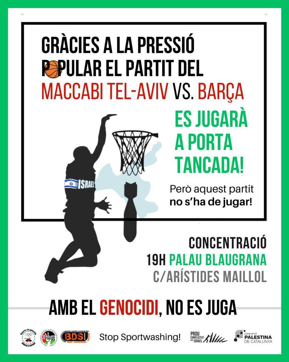 ‼️Gràcies a la pressió popular el partit de bàsquet entre el Barça i el Maccabi Tel Aviv es jugarà a porta tancada! 

✊ Denunciem com Israel utilitza l'esport per normalitzar 78 anys de  colonització

❌ Amb el genocidi no es juga

🗓️ Concentració 6 de gener 19h Palau Blaugrana