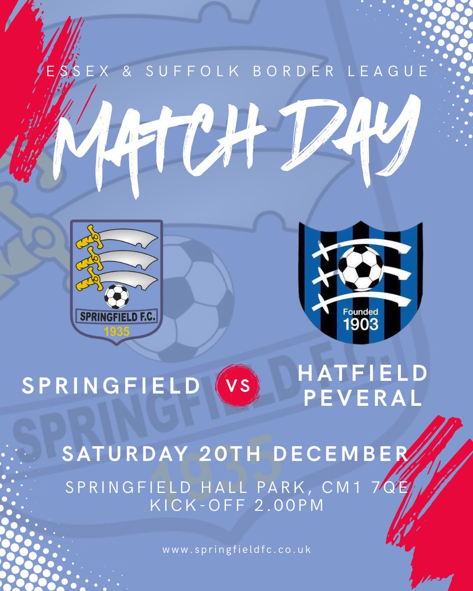 SpringfieldF's tweet image. 🆚 MATCHDAY | Springfield FC vs Hatfield Peverel

Back at home this afternoon at Springfield Hall Park 💙❤️
⏰ Kick off: 2:00pm
🏆 Essex &amp;amp; Suffolk Border League

Let’s go, Springfield 👊💙❤️

#SpringfieldFC #UpTheField #ESBPL