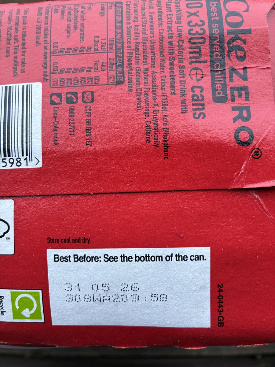 walkinfridgeman's tweet photo. Coke has a shelf life of 6 months ? I’d have thought with what it’s alleged to contain it would be a similar shelf life to nuclear waste ? https://t.co/9EuzyY7Nbf