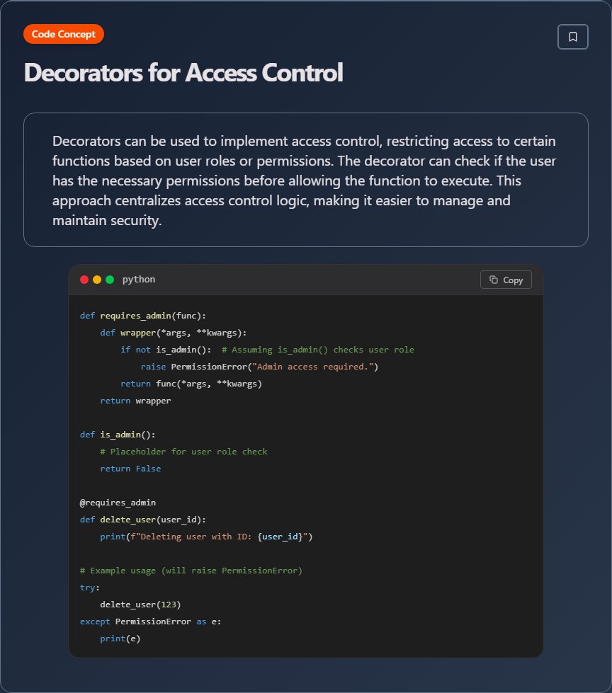 techielearns's tweet image. ✨ Decorators for Access Control (Python)

Learn more on our website: techielearns.com

#Python #PythonDev #DataScience #WebDev #100DaysOfCode #DevLife