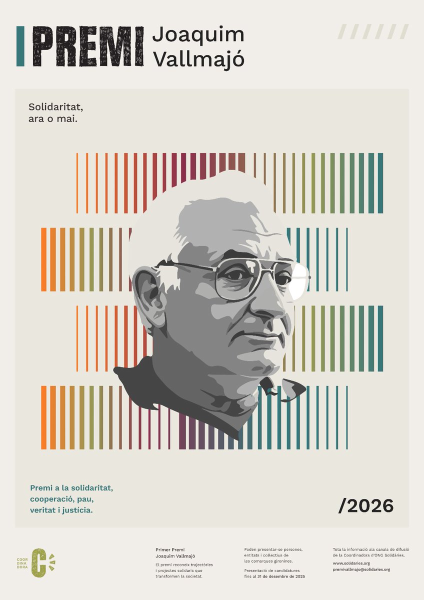 PepTorner's tweet image. Convocatòria Premi Joaquim Vallmajó, #solidaritat 
El termini de presentació de candidatures es tanca el dia 31 de desembre de 2025: ja.cat/candidaturespr…. 
La vostra candidatura serà present a l’acte de lliurament  l’abril de 2026.
Informació i bases: ja.cat/basespremivall…