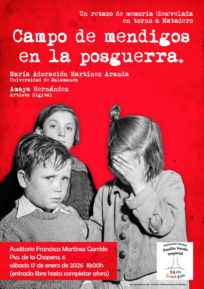 📣 Un retazo de memoria (des)velada en torno a #Matadero: Campo de mendigos en la posguerra
  🗣️Dorina Mtnez. Aranda 
  Amaya Hernández (art. digital)

En #Matadero murieron 838 personas de frío y hambre en invierno 1941

🗓️ 17 enero  18H
📍auditorio Francisca Mtnez. Garrido