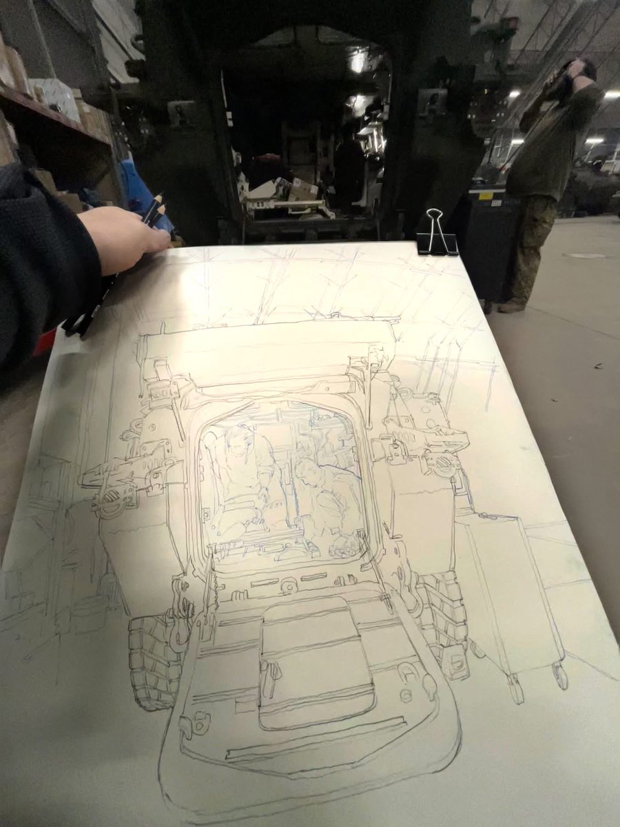 newsillustrator's tweet photo. Maintainers and engineers and mechanics for the plethora of Canadian armoured vehicles in Latvia. Prismacolor pencil on Moleskine paper.
#opreassurance #opunifier #urbansketcher #canadianwarmuseum🇨🇦 #canadianforces @urbansketchers @CanWarMuseum @CanadianArmy https://t.co/7ta0CtgSUv