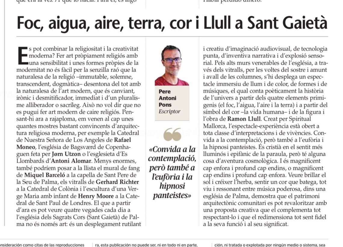 És difícil fer bon art religiós modern perquè la naturalesa de la religió –immutable, solemne, transcendent, dogmàtica– desentona amb la de l’art modern, canviant, irònic i d’un pluralisme sacríleg. Anau a l'església de Sant Gaietà de Palma a veure ELEMENTS, un espectacle.