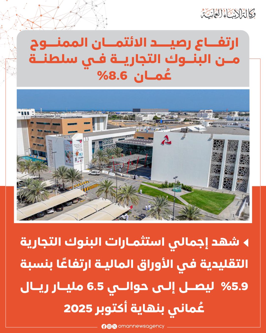 إجمالي رصيد الائتمان الممنوح من قِبل البنوك التجارية التقليدية في سلطنة عُمان يسجل بنهاية أكتوبر 2025م زيادة بنسبة 8.6 بالمائة، في حين الائتمان الممنوح للقطاع الخاص يرتفع بمقدار 4.4 بالمائة ليصل إلى 21.6 مليار ريال عُماني. #العُمانية 