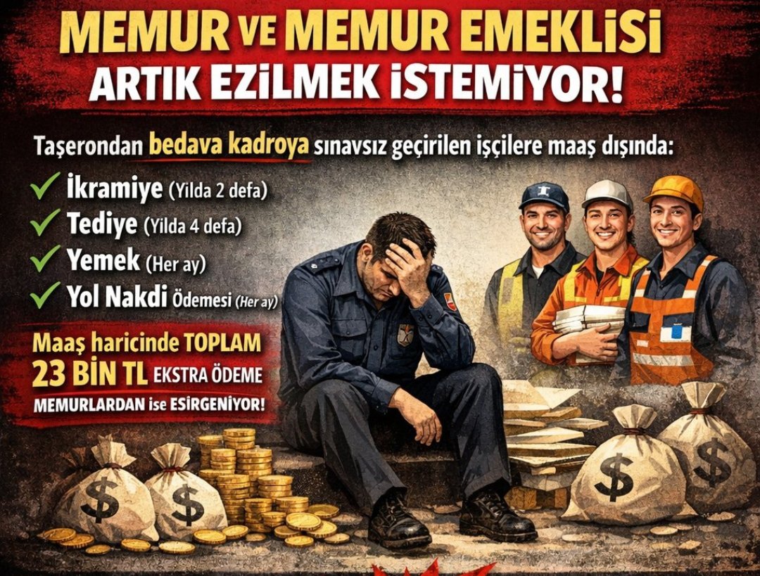 Kamuda tablo net:

📌 İşçiye tediye var
📌 İkramiye var
📌 Yemek ve yol desteği var

Peki memura ne var?
➡️ Sadece sessizlik ve “bekleyin” denilen bir sistem.

Aynı kurumda bu kadar uçurum kabul edilemez.
Artık laf değil, MAAŞ REFORMU zamanı.
#MemuraNedenYok
<a href="/RTErdogan/">Recep Tayyip Erdoğan</a> <a href="/efkanala/">Efkan Âlâ</a>