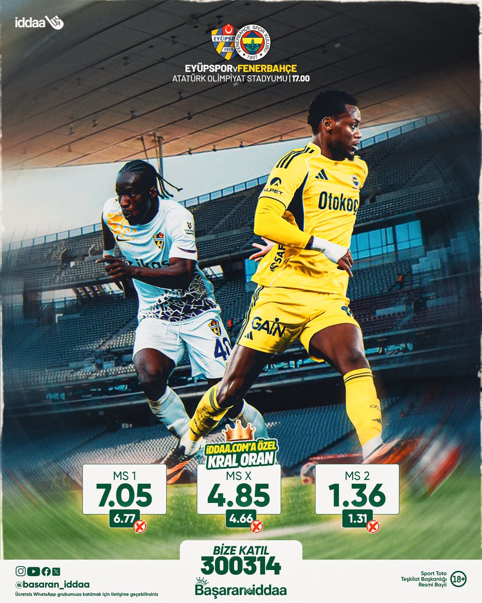 Akşamüstü seansında Fenerbahçe Eyüpspor’a konuk oluyor.

⏱️ 17:00
🏟️ Atatürk Olimpiyat Stadı
📺 beIN SPORTS 1