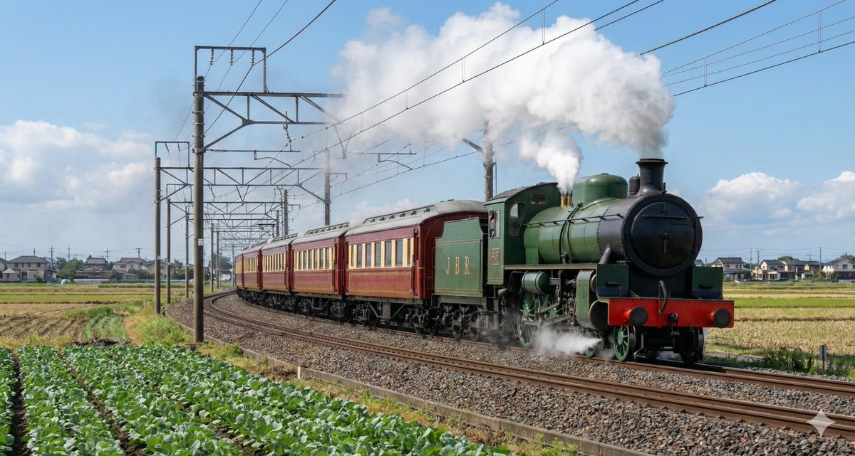 ir_phsm's tweet photo. SL梅花号
毎回迫力に圧倒されます。時速90km運転は伊達じゃない。

2025年5月14日　竹原-堅倉にて撮影
#架空鉄道 #ir_jobu https://t.co/8itpXsVplo