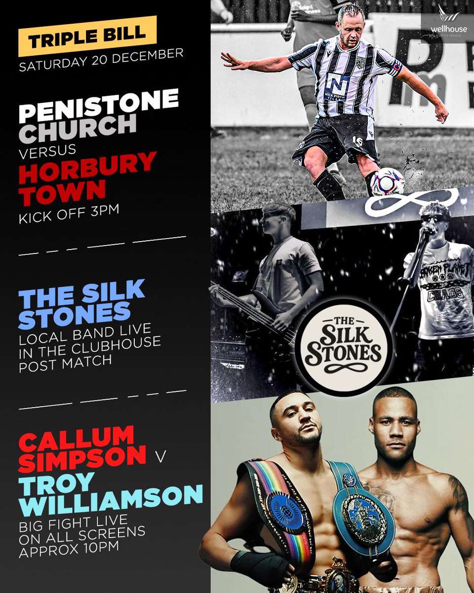 Following the game we'll have local Band, and some of our under 18's players, The Silk Stones, playing live in the clubhouse.

After that <a href="/CallumSimpson9/">Callum Simpson</a> fight on the screens "#AndStill "

Make a full day of it.

Football ⚽ 
Music 🎶 
Boxing 🥊 
Sorted 👍

#UpTheChurch