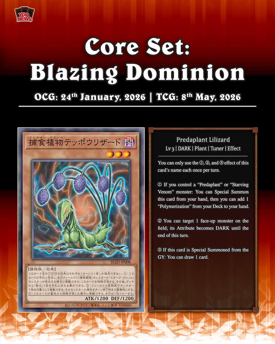 Konami just revealed some new Predaplant support cards coming in the upcoming set, Blazing Dominion Starving Venom Wing Dragon Predaplant Lilizard Predaplant Longinephila Predaplant Baalthea Translation: Konami just revealed some new Predaplant support cards coming in the upcoming set, Blazing Dominion Starving Venom Wing Dragon Predaplant Lilizard Predaplant Longinephila Predaplant Baalthea Translation: