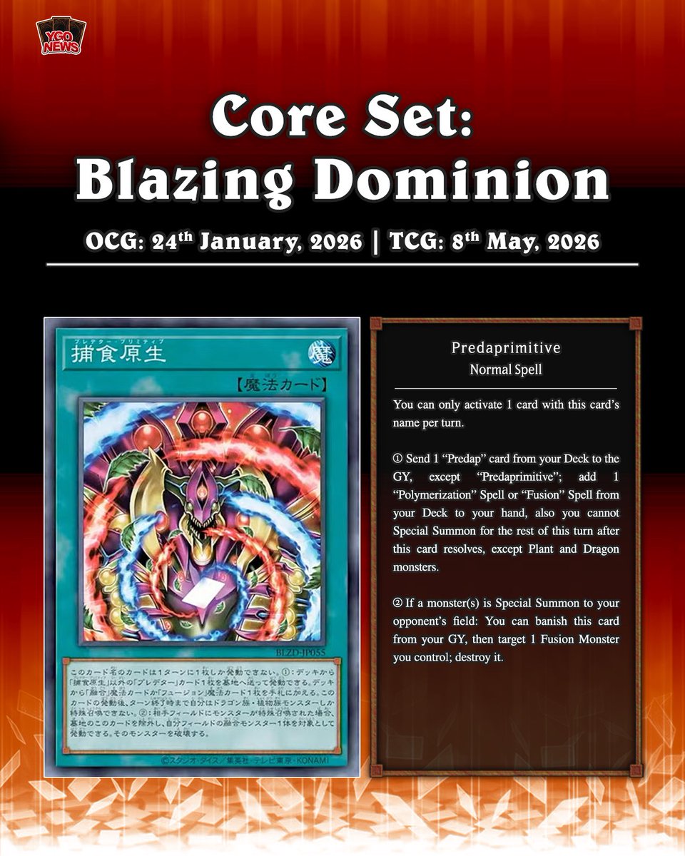 Konami just revealed some new Predaplant support  cards coming in the upcoming set, Blazing Dominion  Predaprimitive   Apex Fusion Translation: YGOrganization # #YuGiOh #