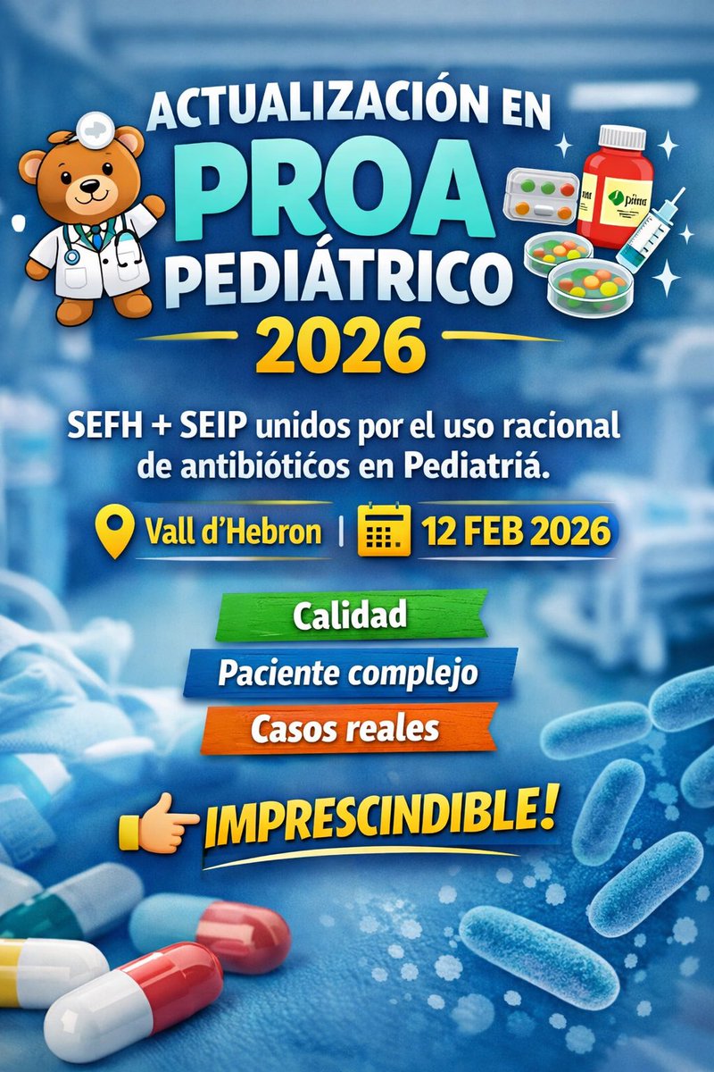 🧫💊 Actualización en PROA Pediátrico 2026
SEFH + SEIP se unen para revisar el presente y futuro del uso racional de antibióticos en Pediatría.
📍 Vall d’Hebron | 📅 12 feb 2026
Calidad, paciente complejo y casos reales.
👉 Imprescindible. goo.su/osfhC5E
<a href="/sefh_/">S.E.F.H</a> <a href="/seipweb/">SEIP</a>
