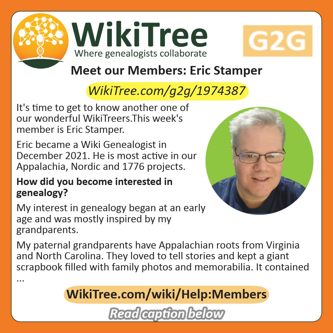 #WikiTreeMeetOurMembers: Eric Stamper
We're celebrating Eric this week for his awesome contributions to our #CollaborativeGenealogy community. 👏
Read more about his WikiTree journey: wikitree.com/g2g/1974387
#WonderfulWikiTreers